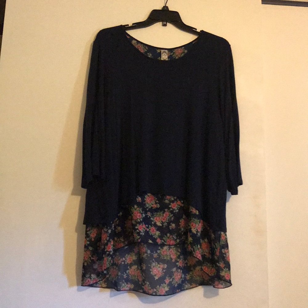 Blue top with sheer floral material underlay